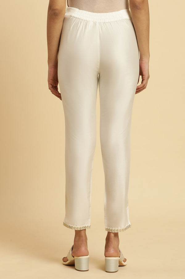 White Solid Embroidered Straight Woven Slim Pant