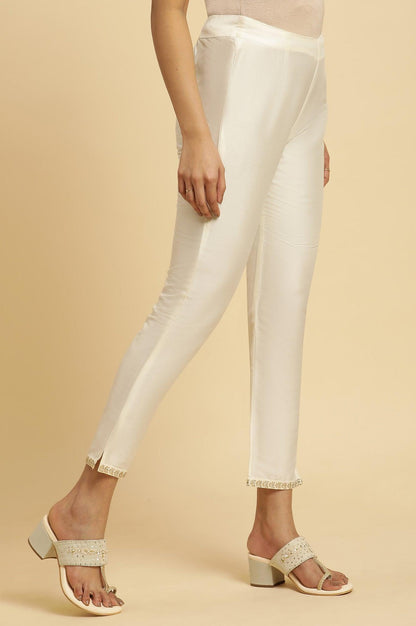 Ecru Slim Pants With Embroidered Hemline - wforwoman
