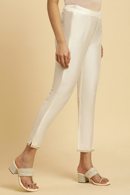White Solid Embroidered Straight Woven Slim Pant