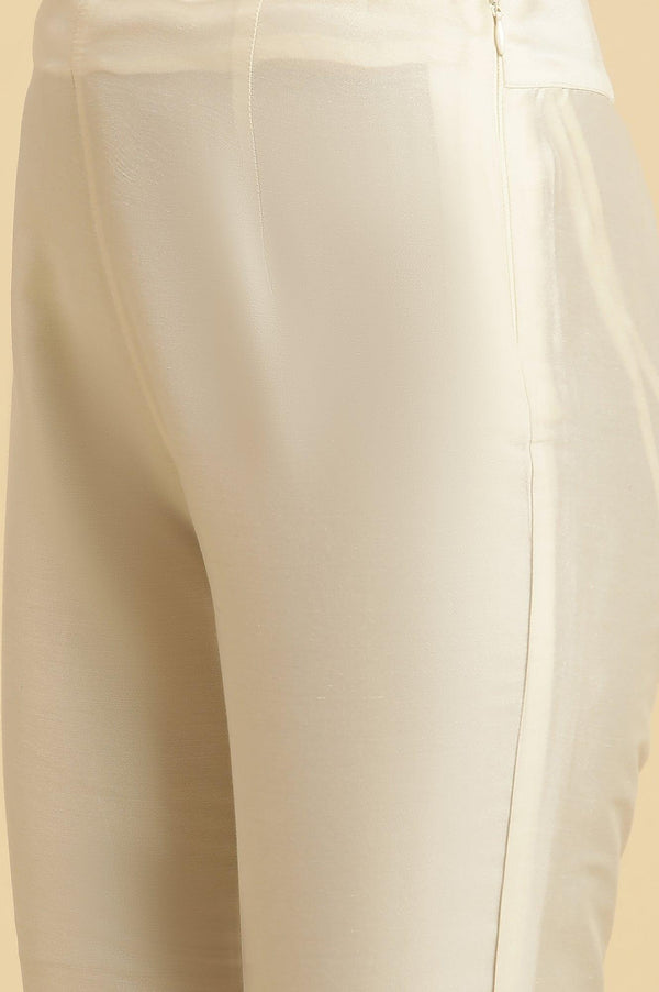 Ecru Slim Pants With Embroidered Hemline