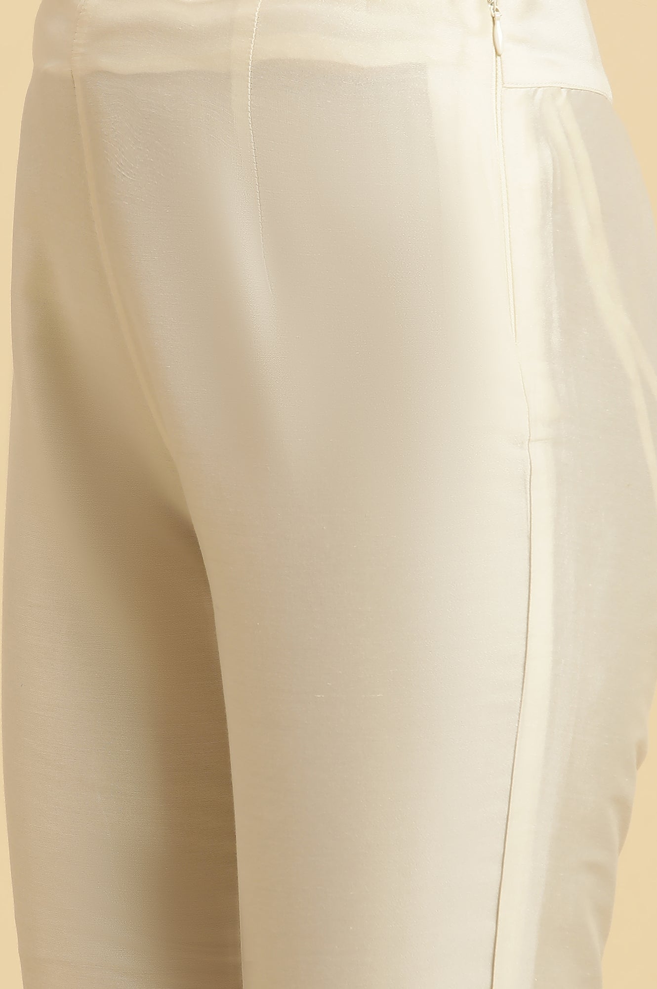 White Solid Embroidered Straight Woven Slim Pant