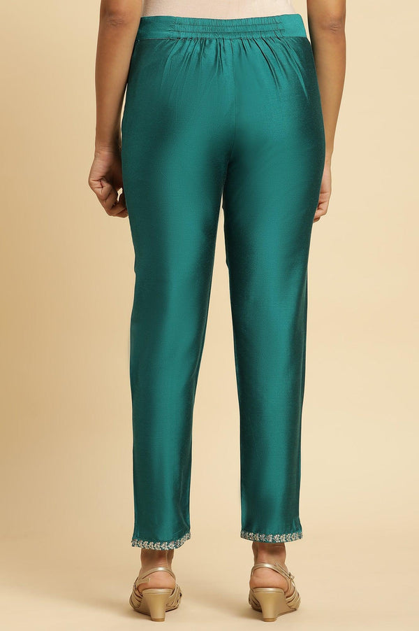 Teal Blue Slim Pant With Embroidered Hemline