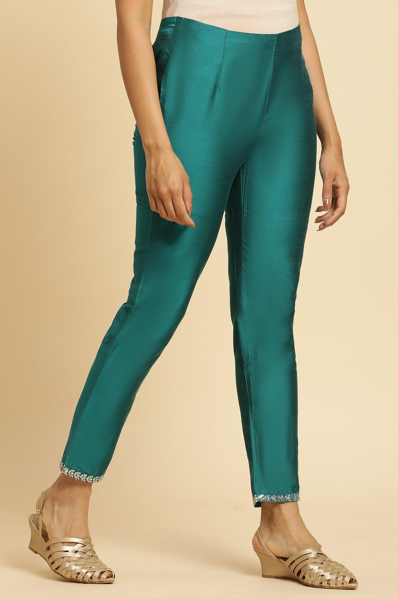 Teal Blue Slim Pant With Embroidered Hemline - wforwoman
