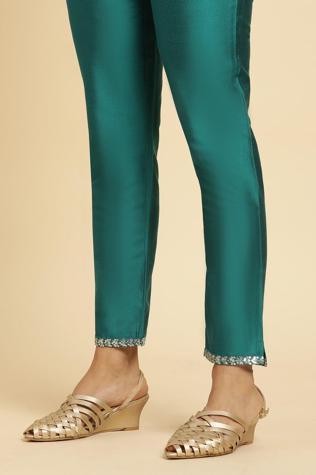 Teal Blue Slim Pant With Embroidered Hemline - wforwoman