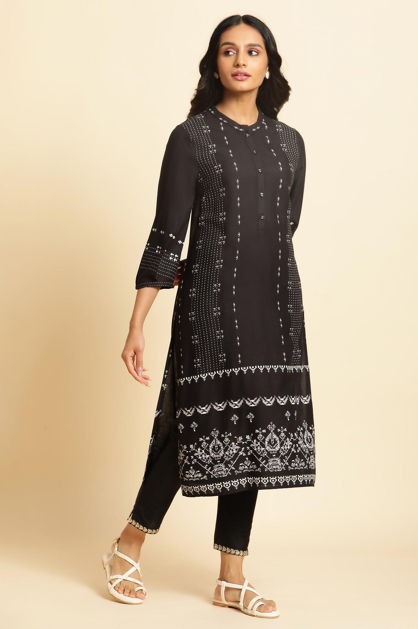 Black Silm Pants With Embroidered Border - wforwoman