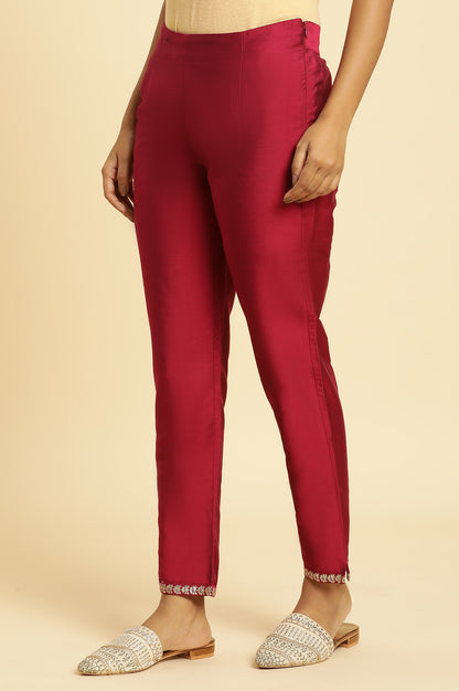 Pink Slim Pants with Embroidered Hemline