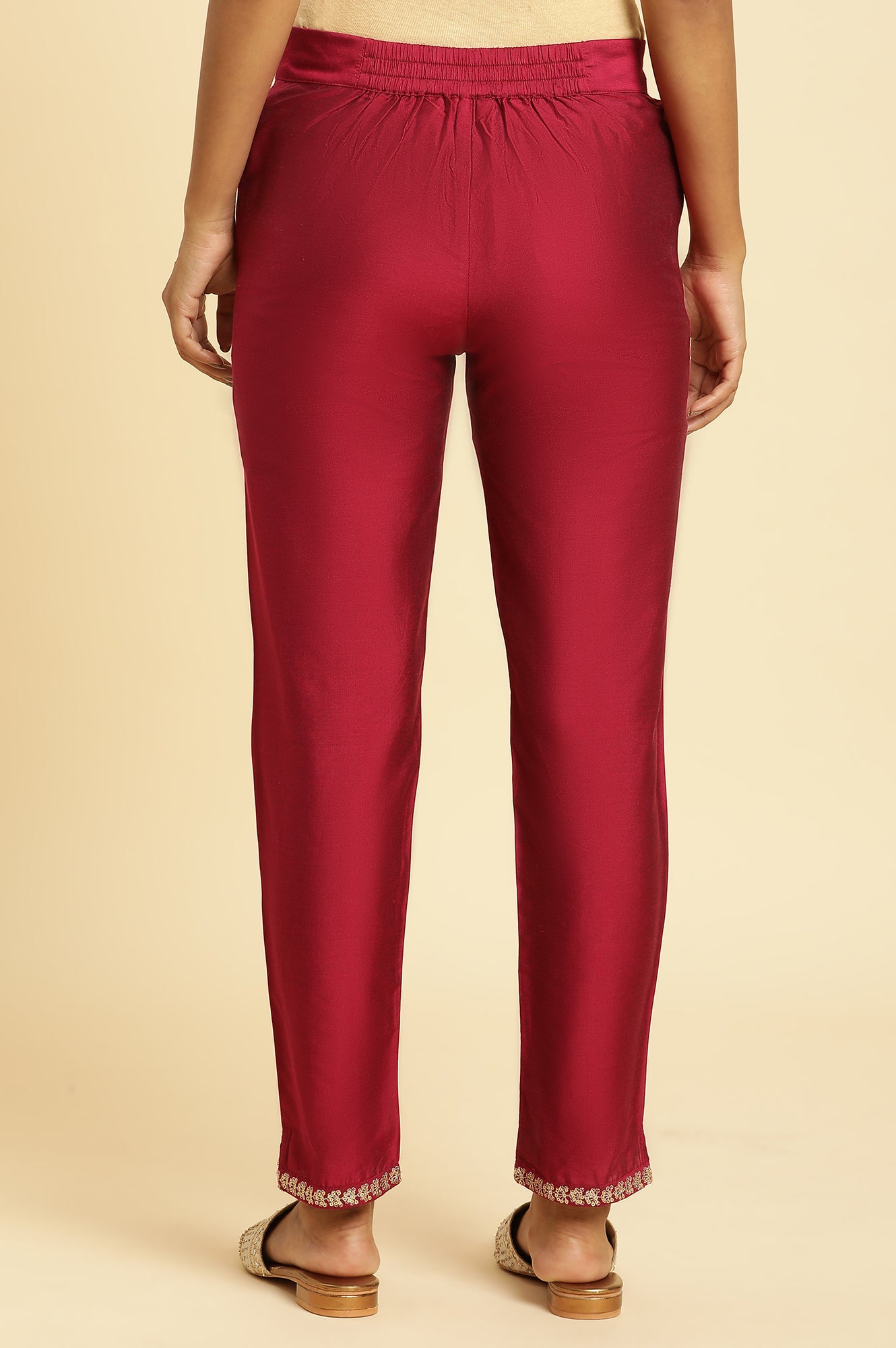 Pink Slim Pants with Embroidered Hemline