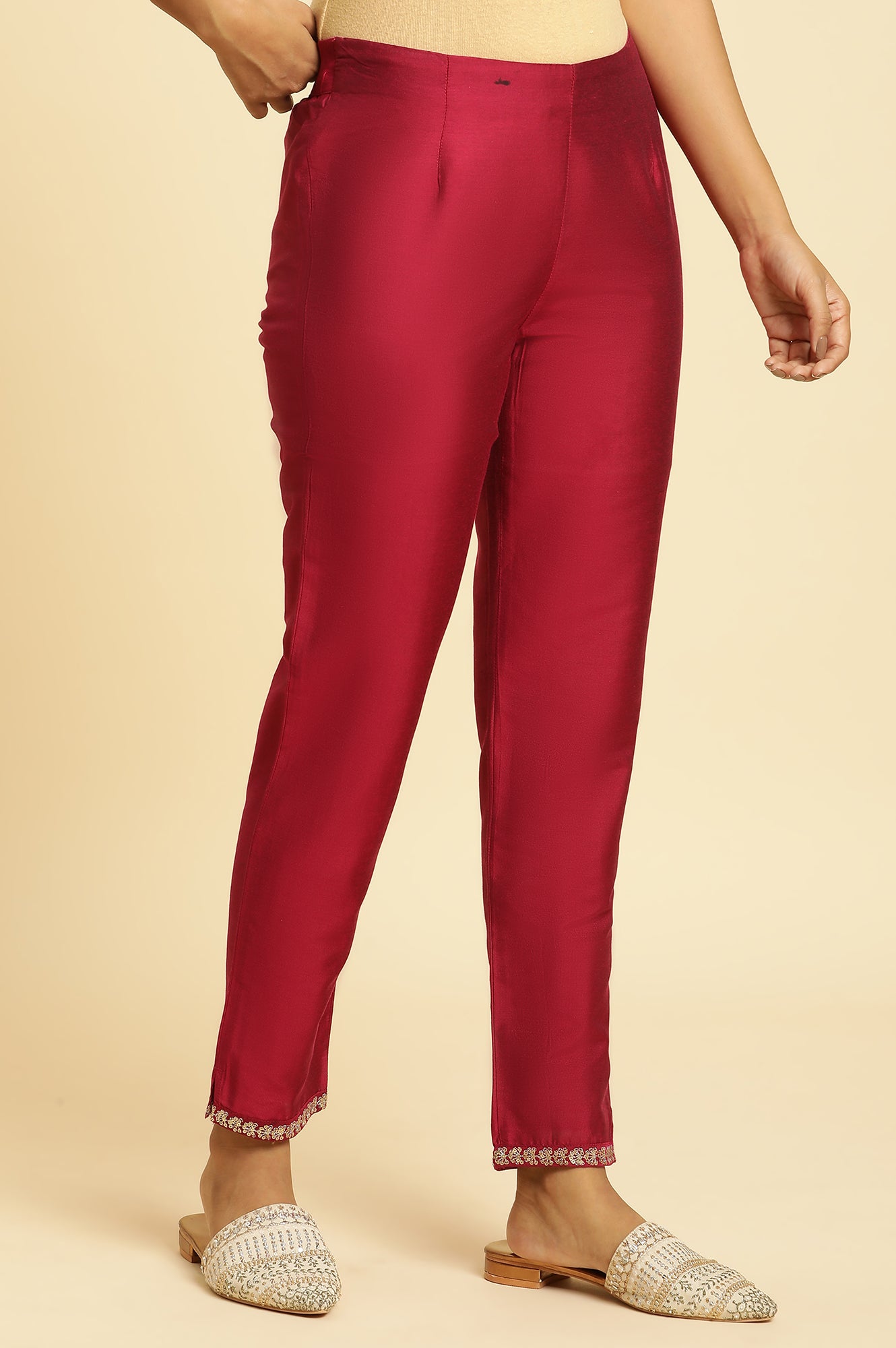 Pink Slim Pants with Embroidered Hemline
