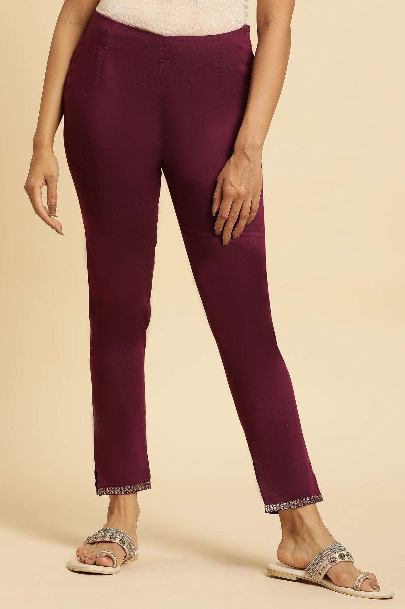 Purple Slim Pant With Embroidered Hemline - wforwoman