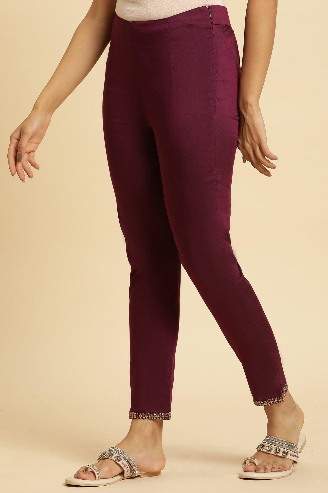 Purple Slim Pant With Embroidered Hemline - wforwoman
