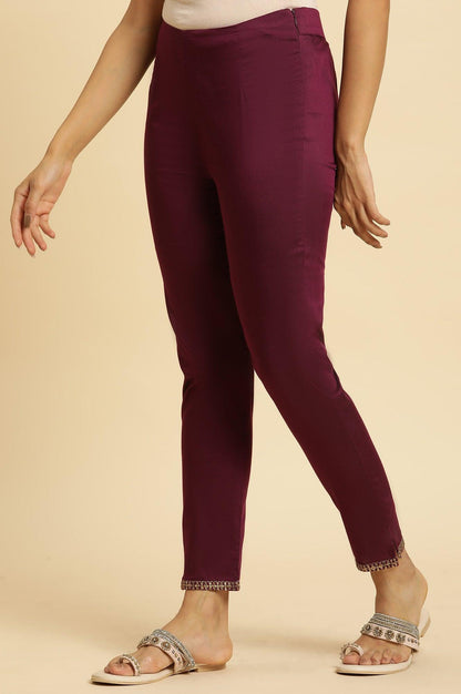 Purple Slim Pant With Embroidered Hemline - wforwoman