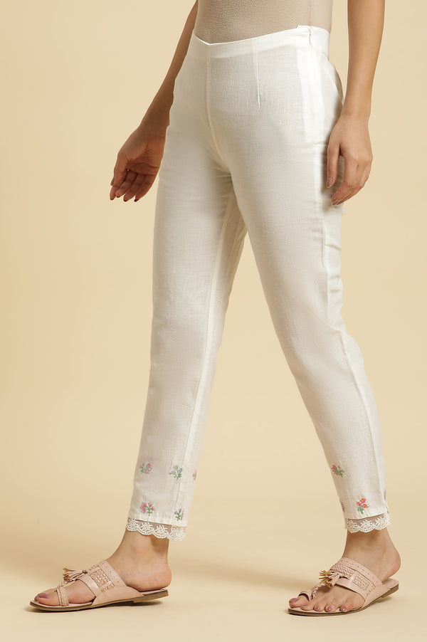 Ecru Floral Lace Cotton Flax Straight Kurta and Slim Pant Set
