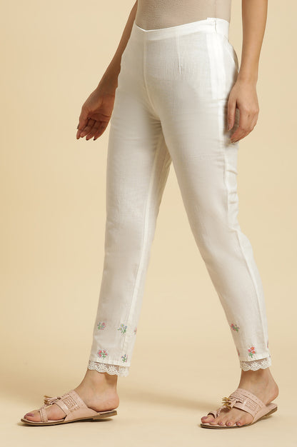 White Solid Floral Lace Trim Straight Cotton Slim Pant