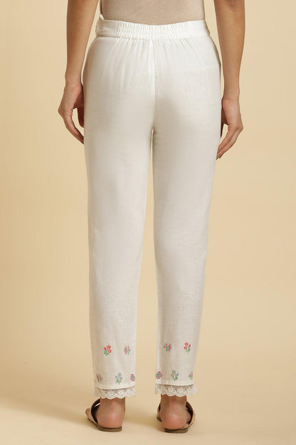 Ecru Slim Pants With Multi-Coloured Floral Embroidery - wforwoman