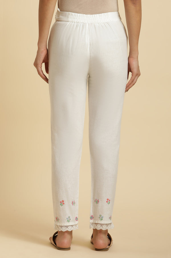 Ecru Printed Thread Work Rayon A-Line Kurta and Slim Pant Set