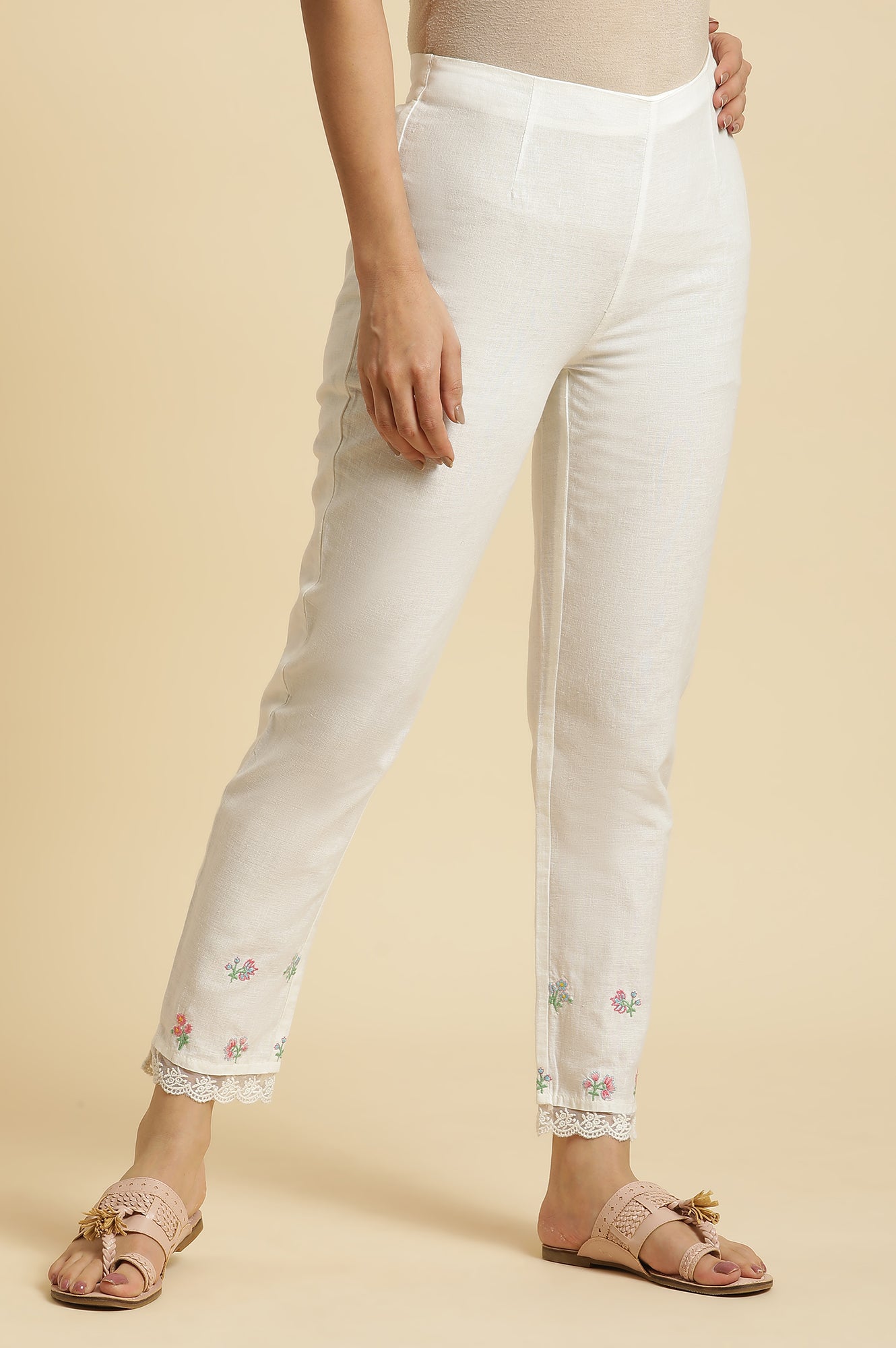 White Solid Floral Lace Trim Straight Cotton Slim Pant