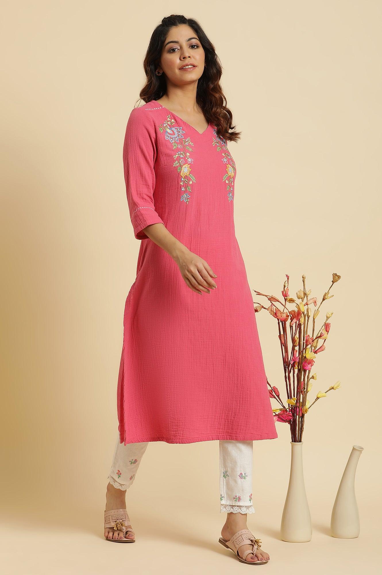 Ecru Slim Pants With Multi-Coloured Floral Embroidery - wforwoman