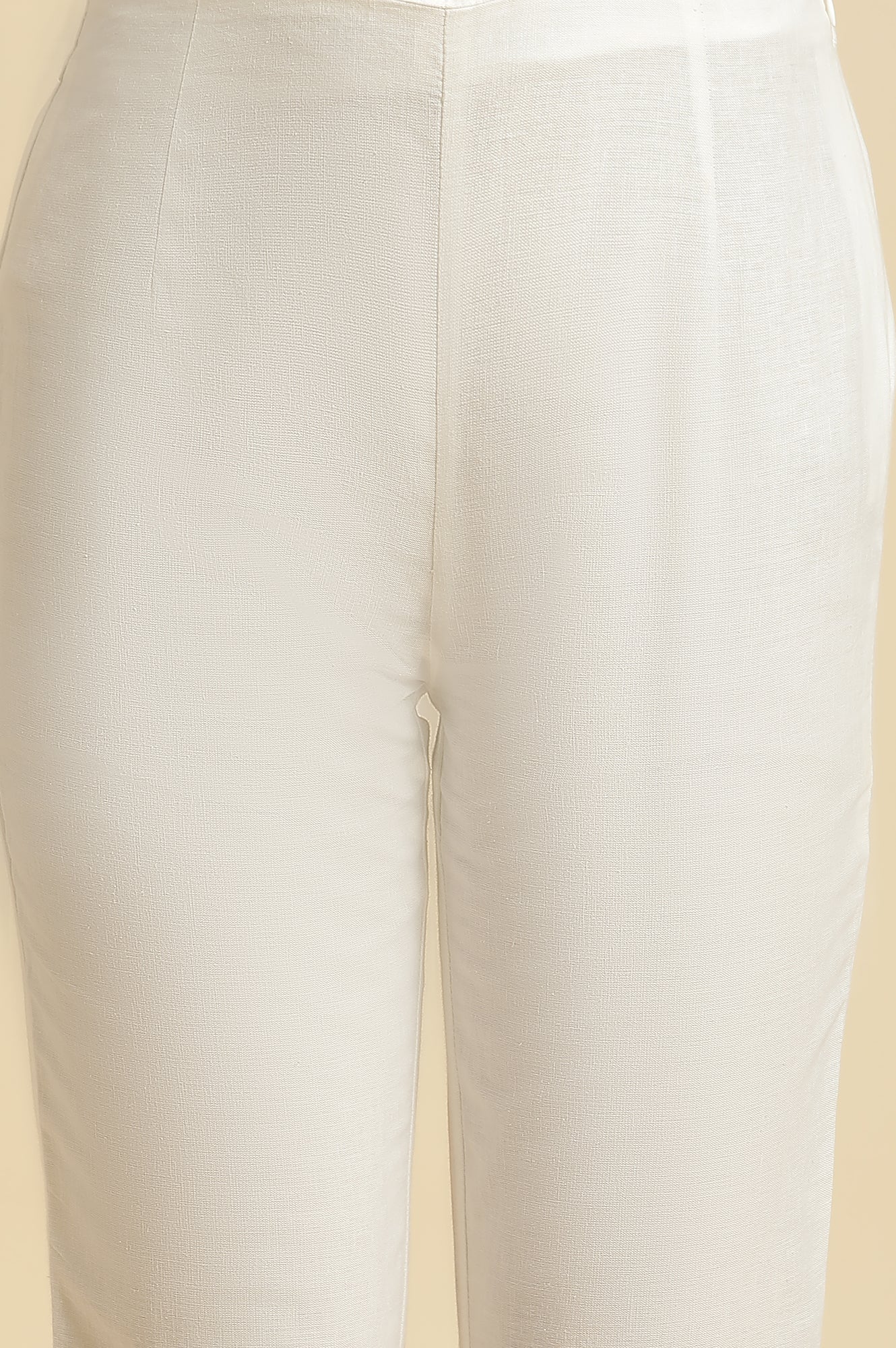 White Solid Floral Lace Trim Straight Cotton Slim Pant