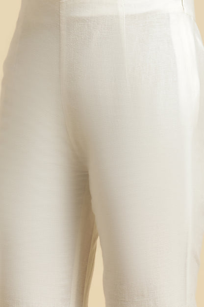 White Solid Floral Lace Trim Straight Cotton Slim Pant