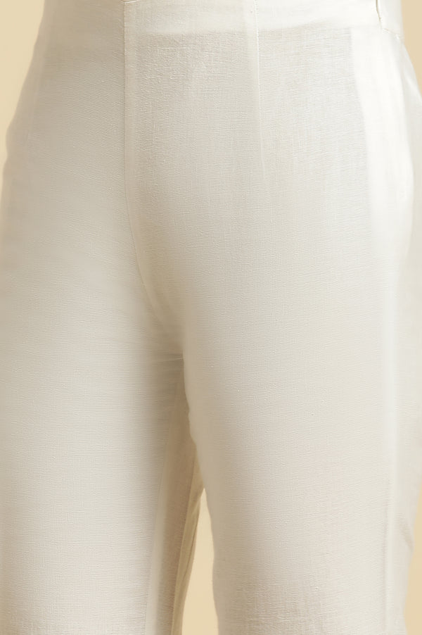 White Solid Floral Lace Trim Straight Cotton Slim Pant