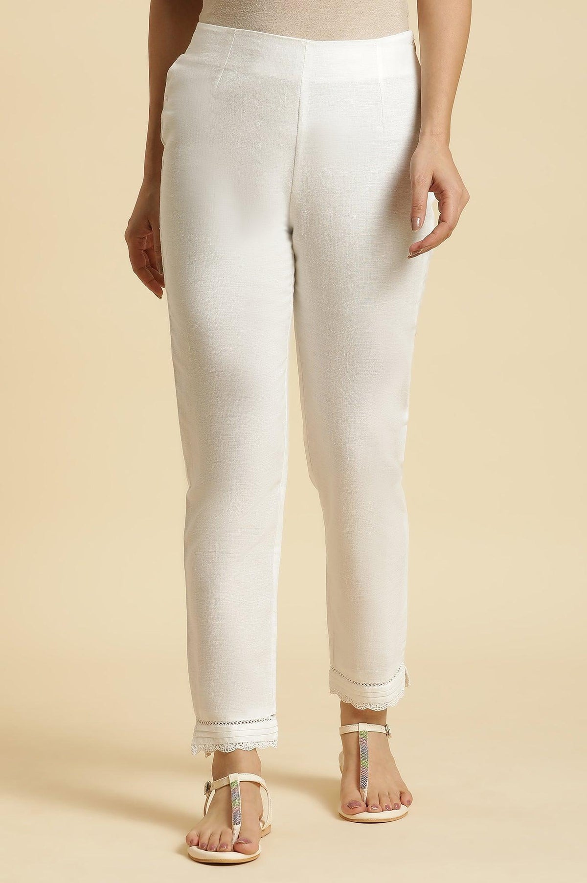 Off-White Cotton Flax Slim Pants With Lace At Hem - XS