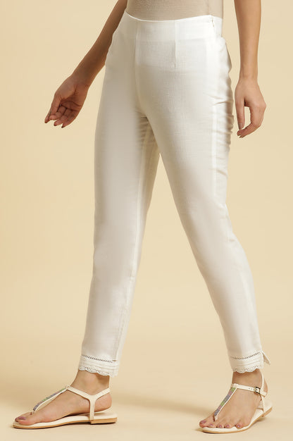 White Solid Lace Trim Straight Cotton Pant