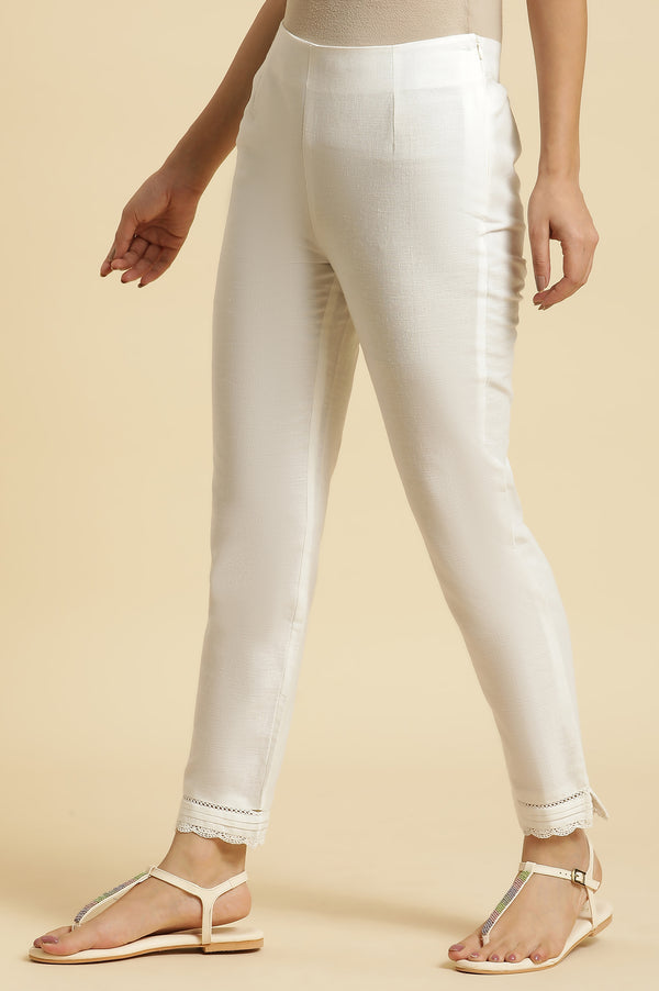 White Solid Lace Trim Straight Cotton Pant