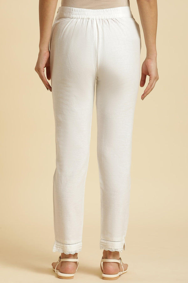 Off-White Cotton Flax Slim Pants With Lace At Hem