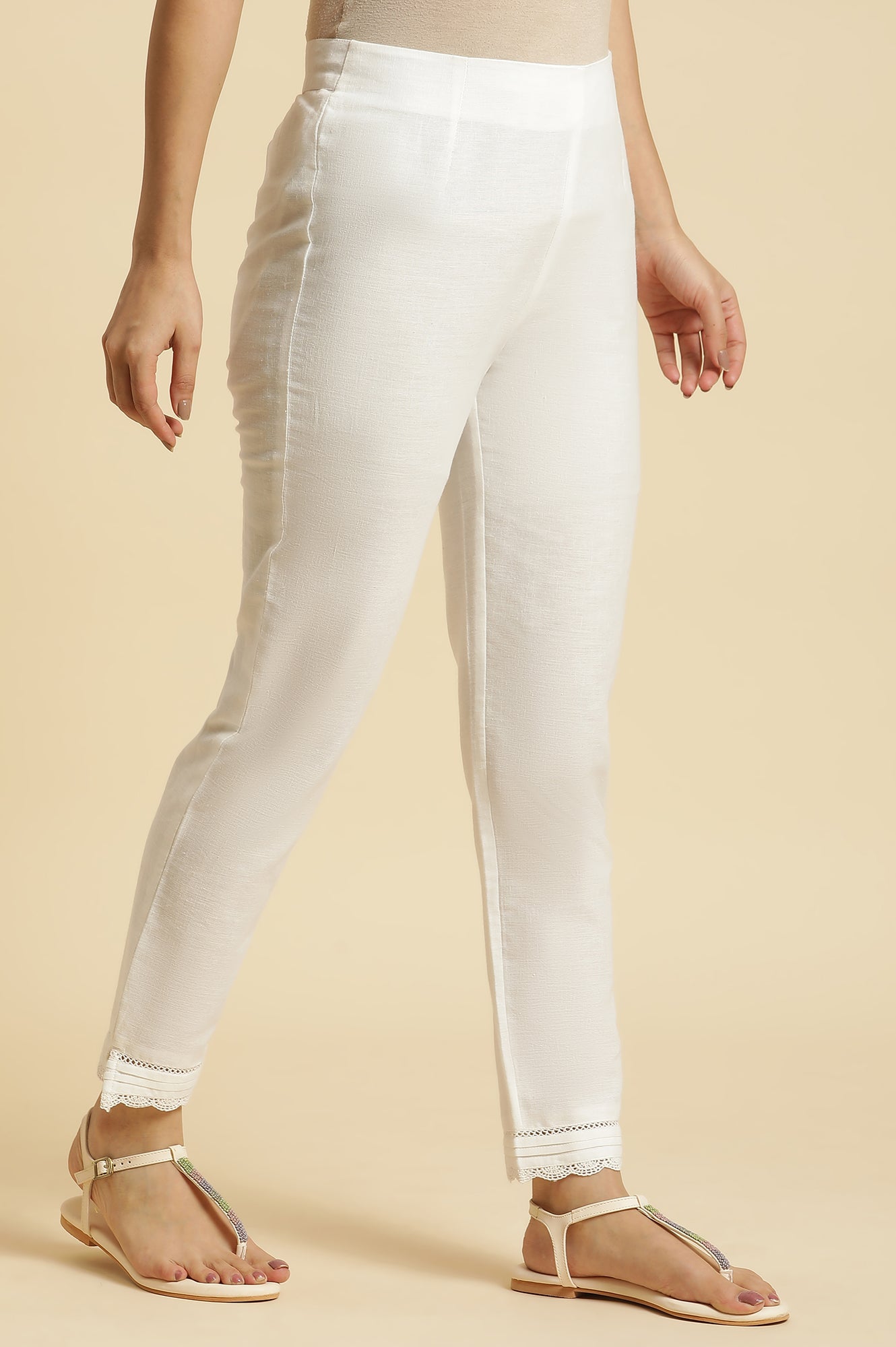 White Solid Lace Trim Straight Cotton Pant