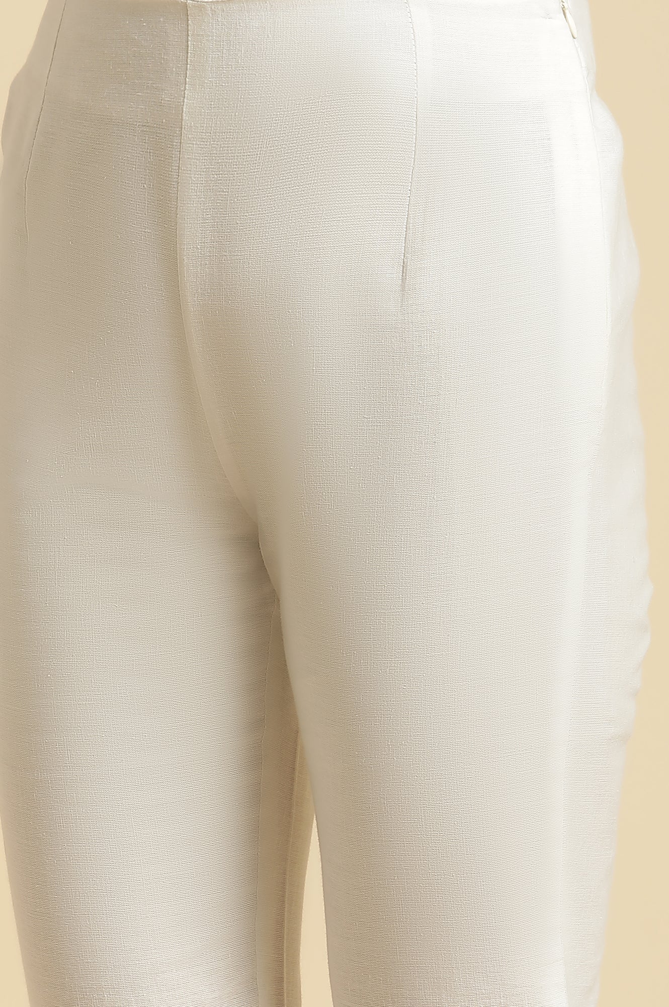 White Solid Lace Trim Straight Cotton Pant