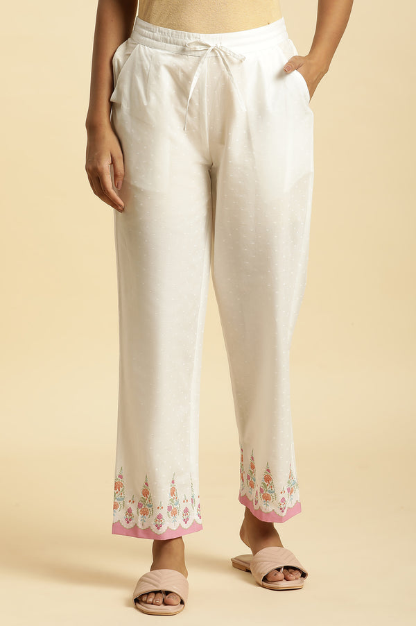 Ecru Straight Pants With Printed Hemline
