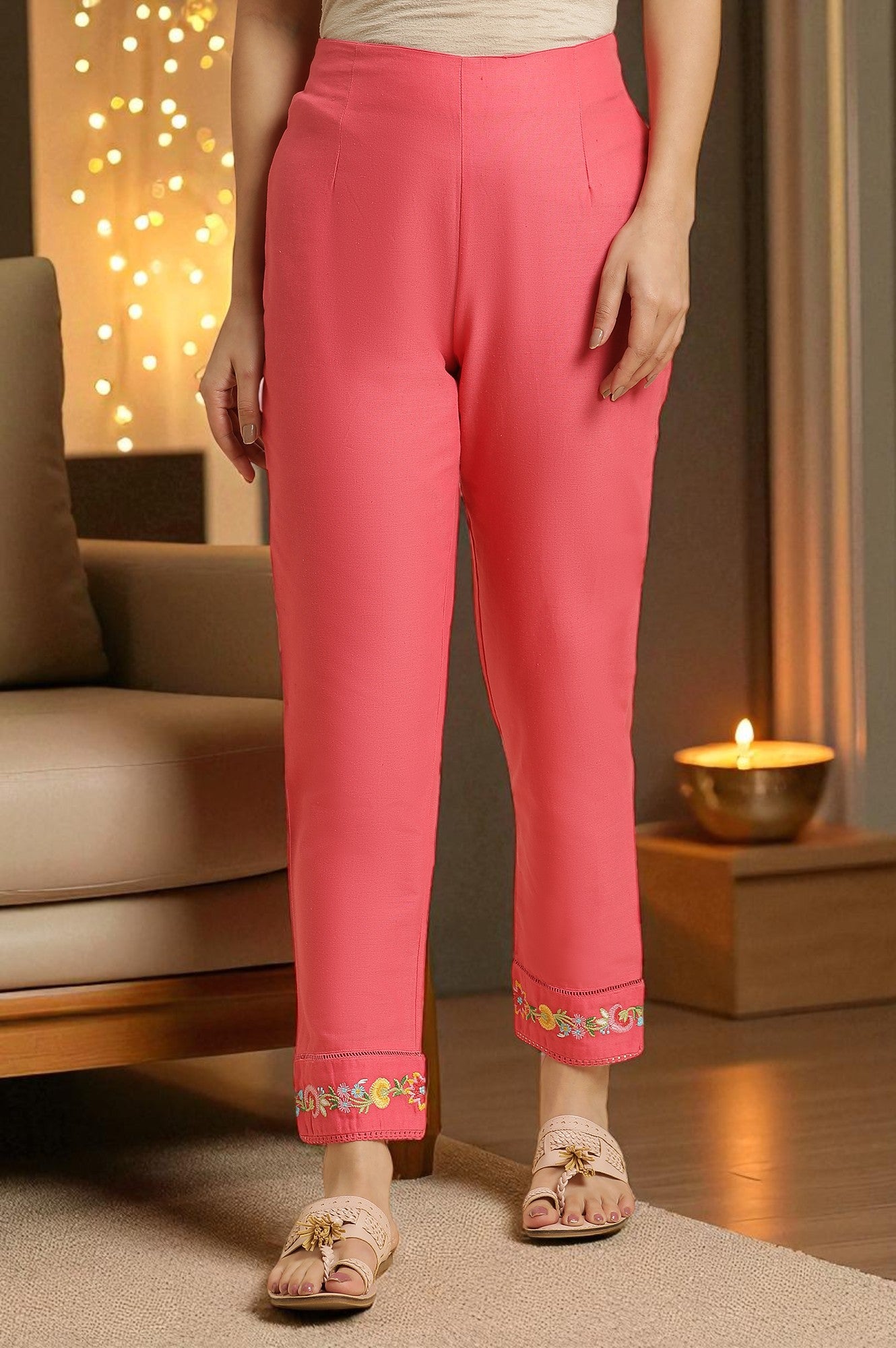 Pink Slim Pants Wit Embroidery At Hem