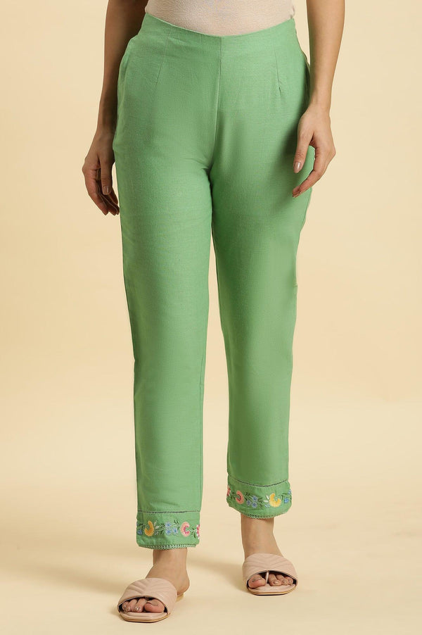 Green Slim Pants Wit Embroidery At Hem