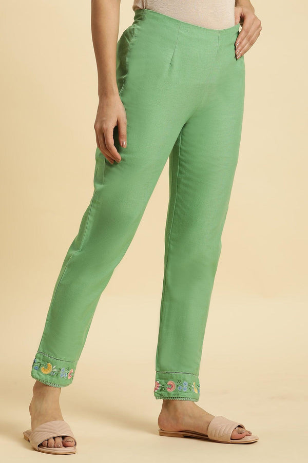 Green Slim Pants Wit Embroidery At Hem