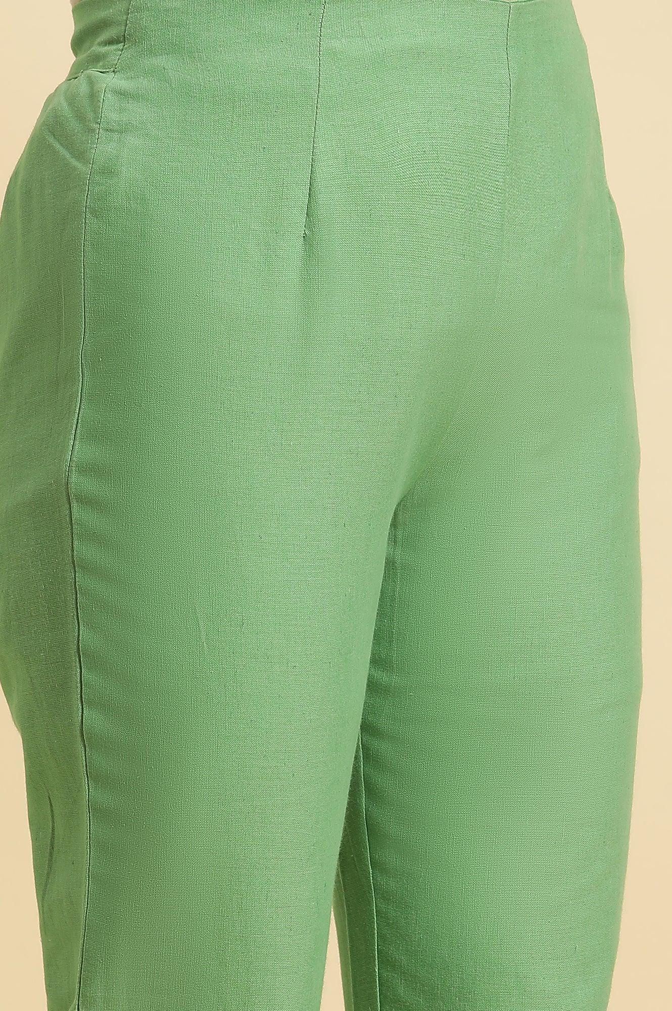 Green Slim Pants Wit Embroidery At Hem - wforwoman