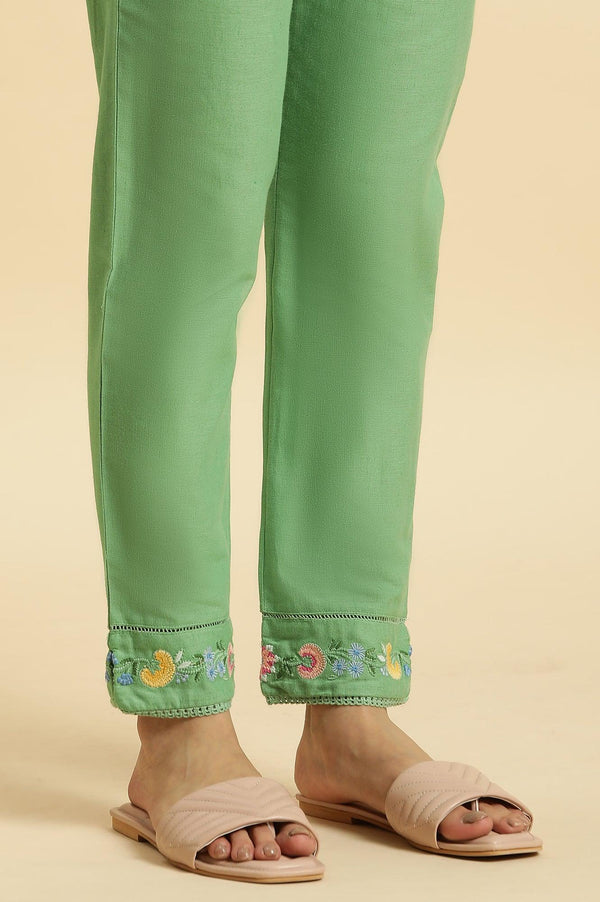 Green Slim Pants Wit Embroidery At Hem
