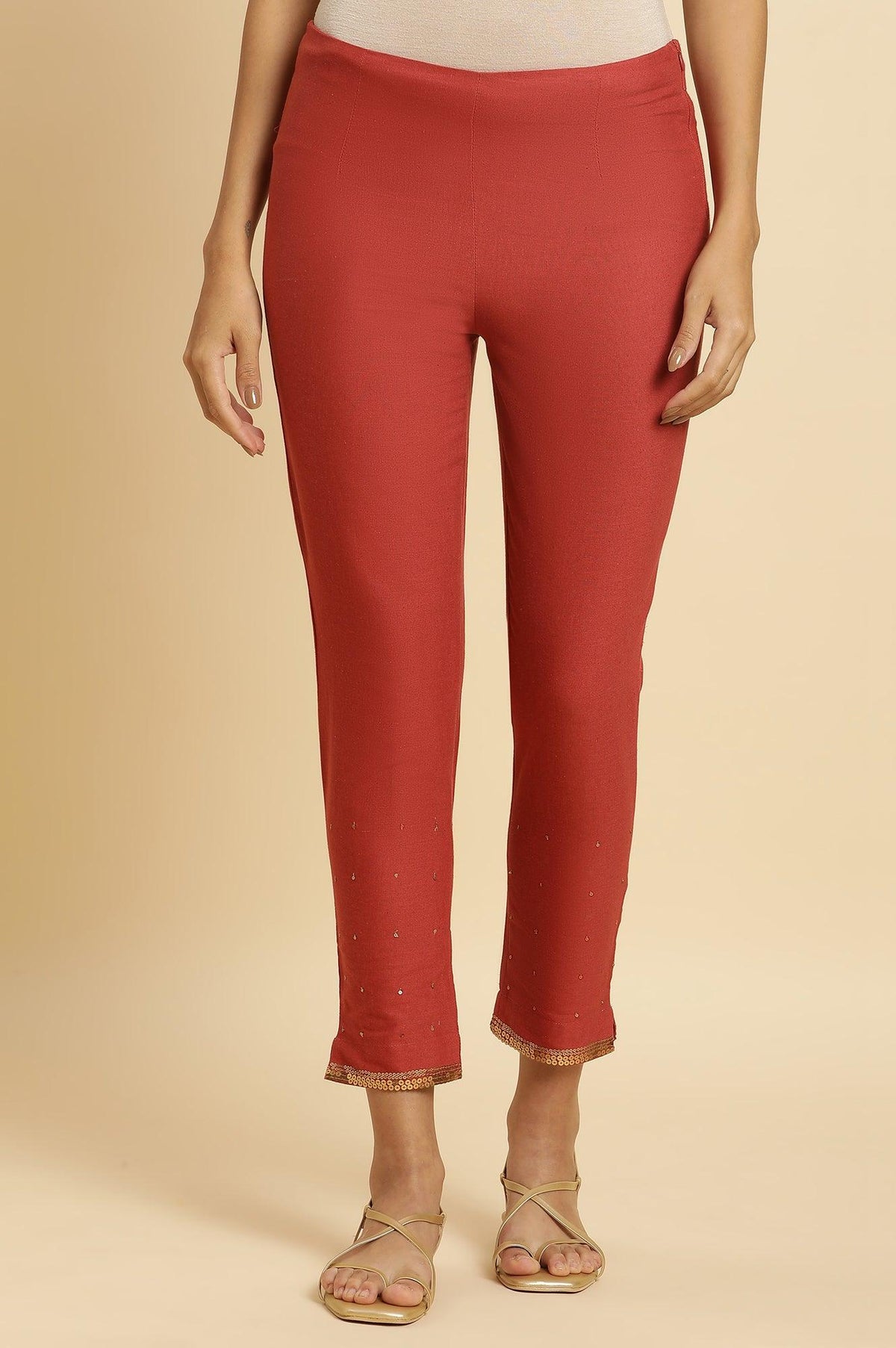 Rust Red Embellished Solid Slim Pants - XS