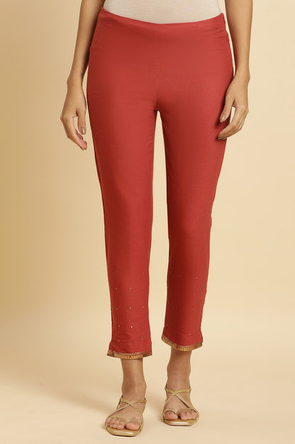 Red Solid Sequined Straight Cotton Slim Pant