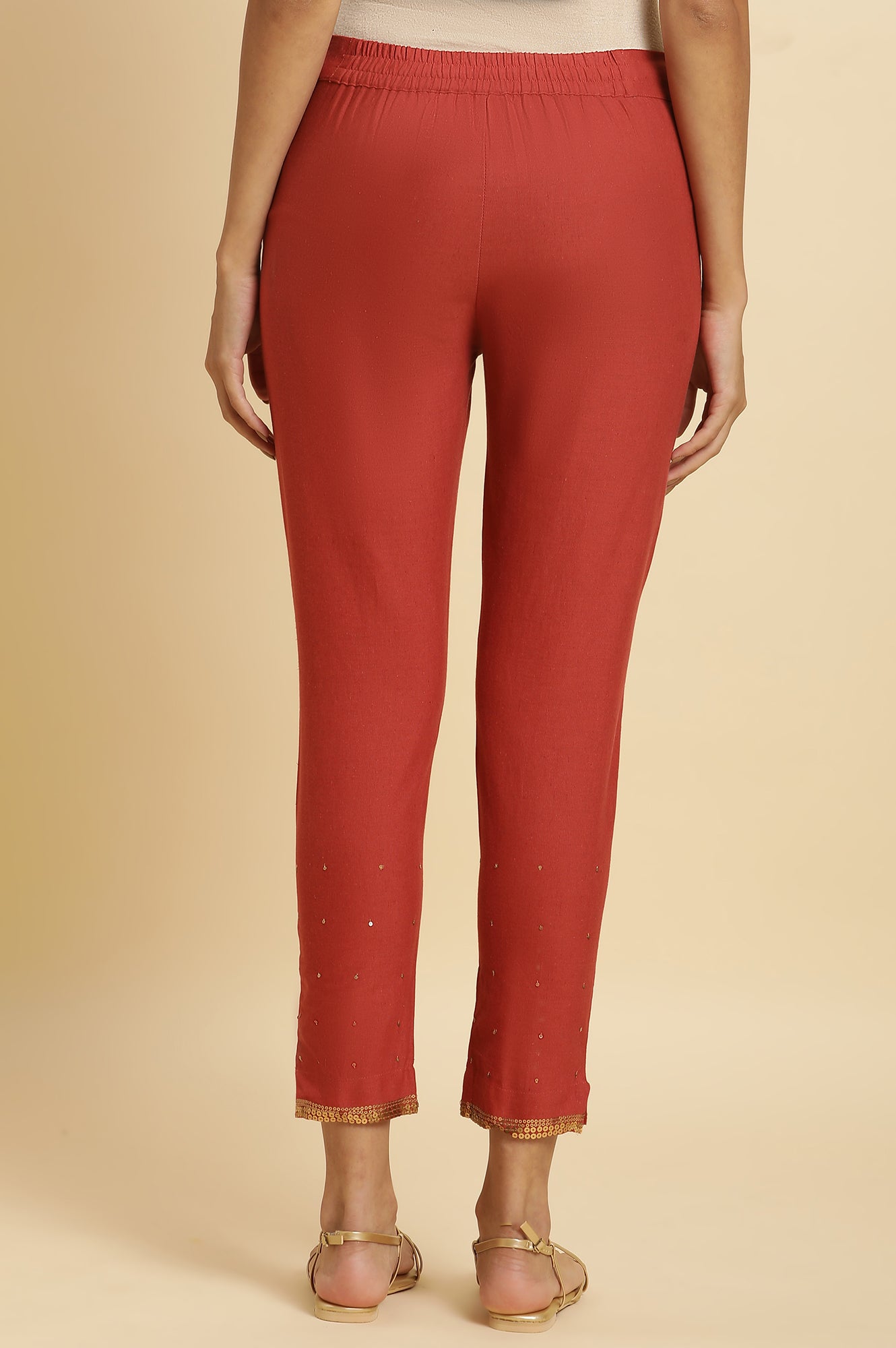 Red Solid Sequined Straight Cotton Slim Pant