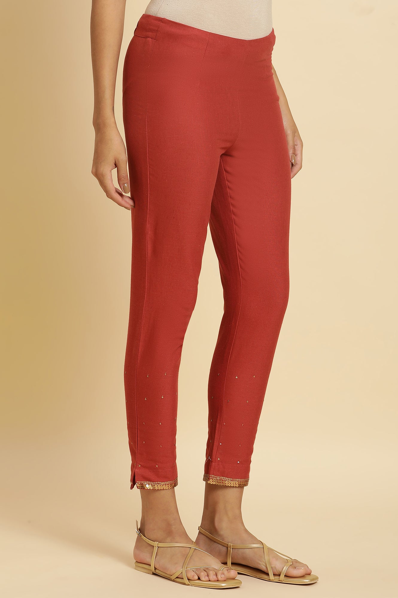 Red Solid Sequined Straight Cotton Slim Pant