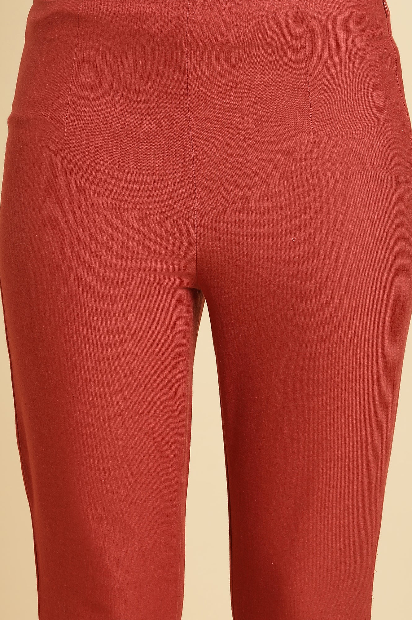 Red Solid Sequined Straight Cotton Slim Pant