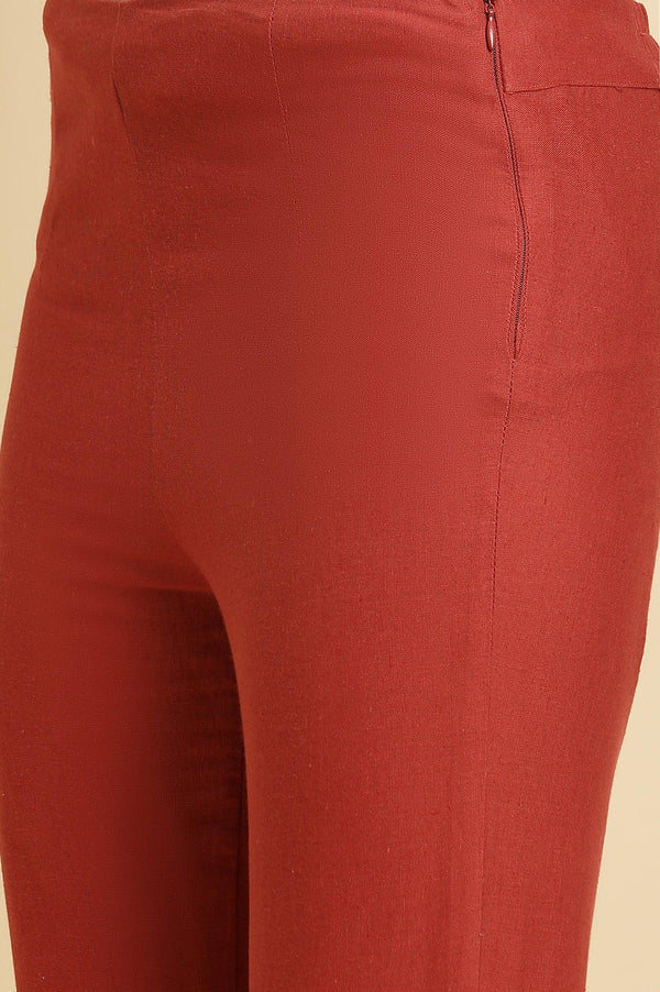 Rust Red Embellished Solid Slim Pants