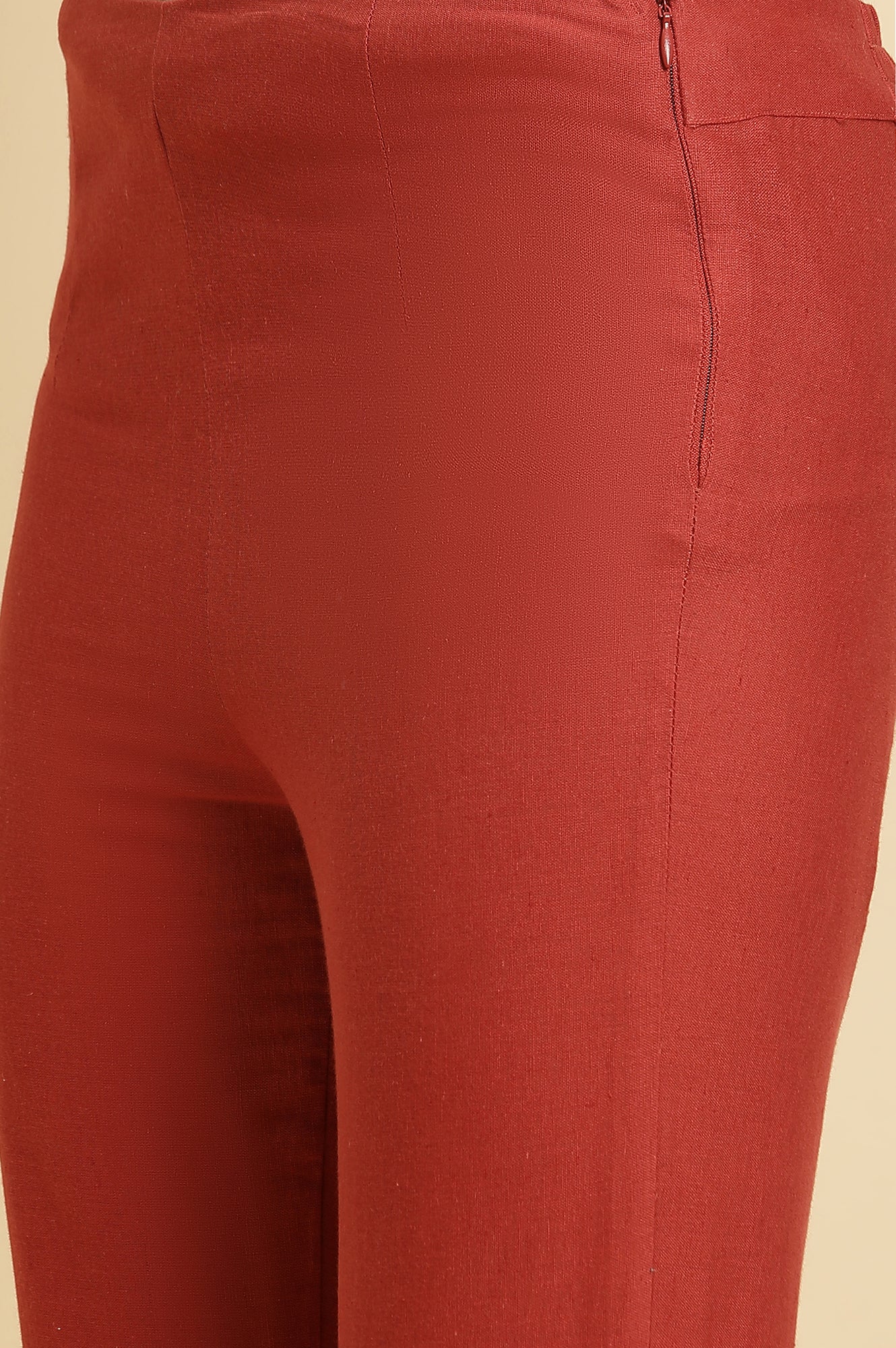Red Solid Sequined Straight Cotton Slim Pant