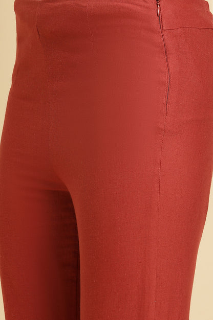 Red Solid Sequined Straight Cotton Slim Pant