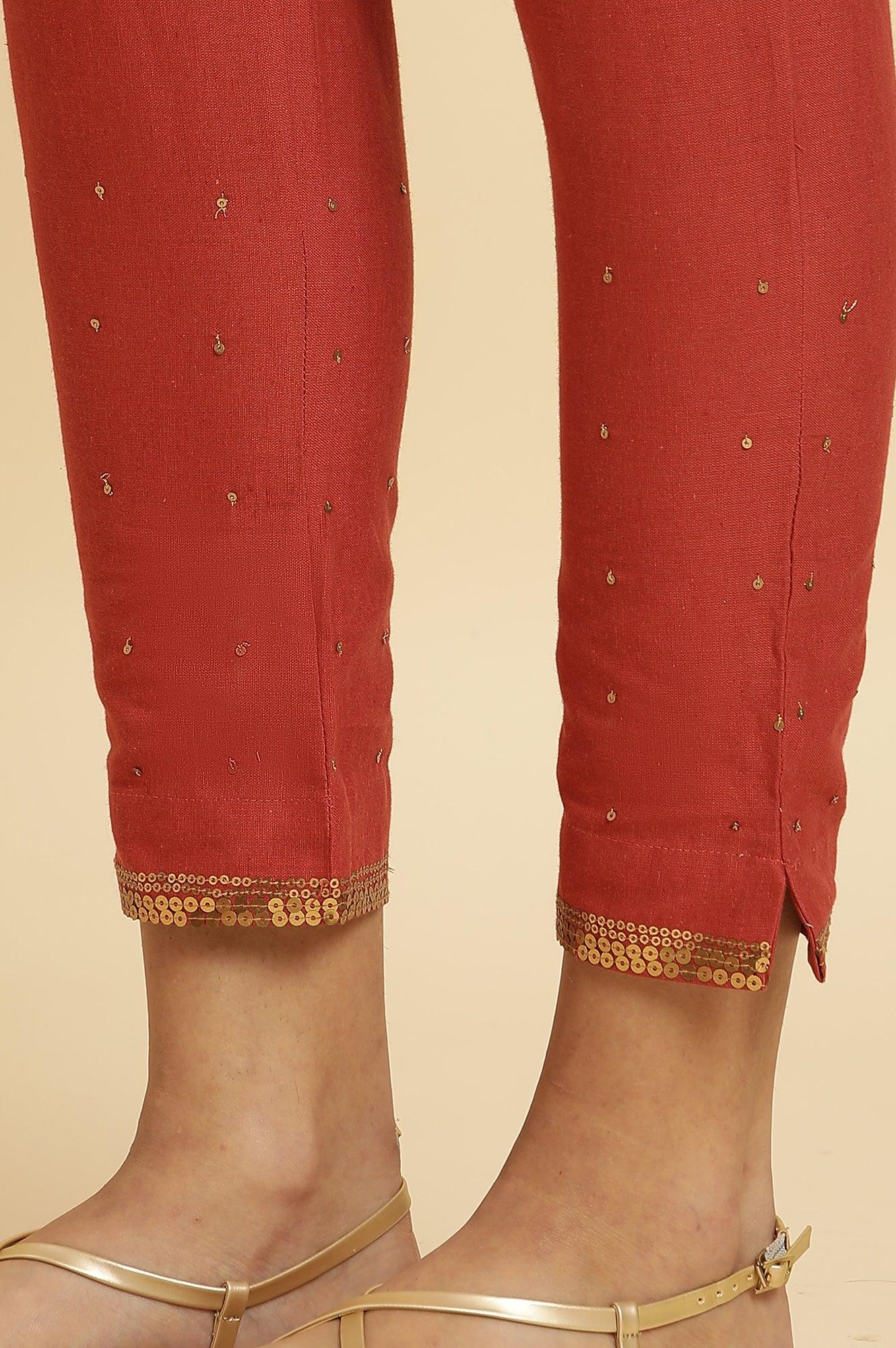 Rust Red Embellished Solid Slim Pants - wforwoman