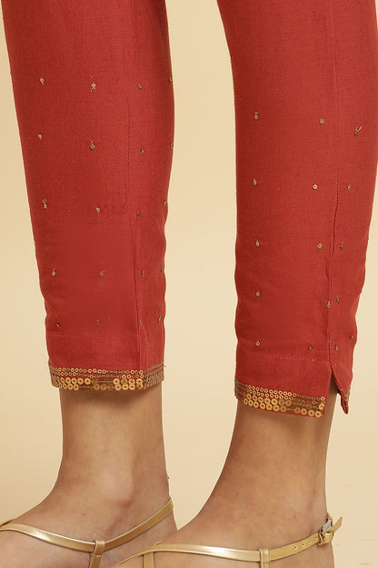 Red Solid Sequined Straight Cotton Slim Pant