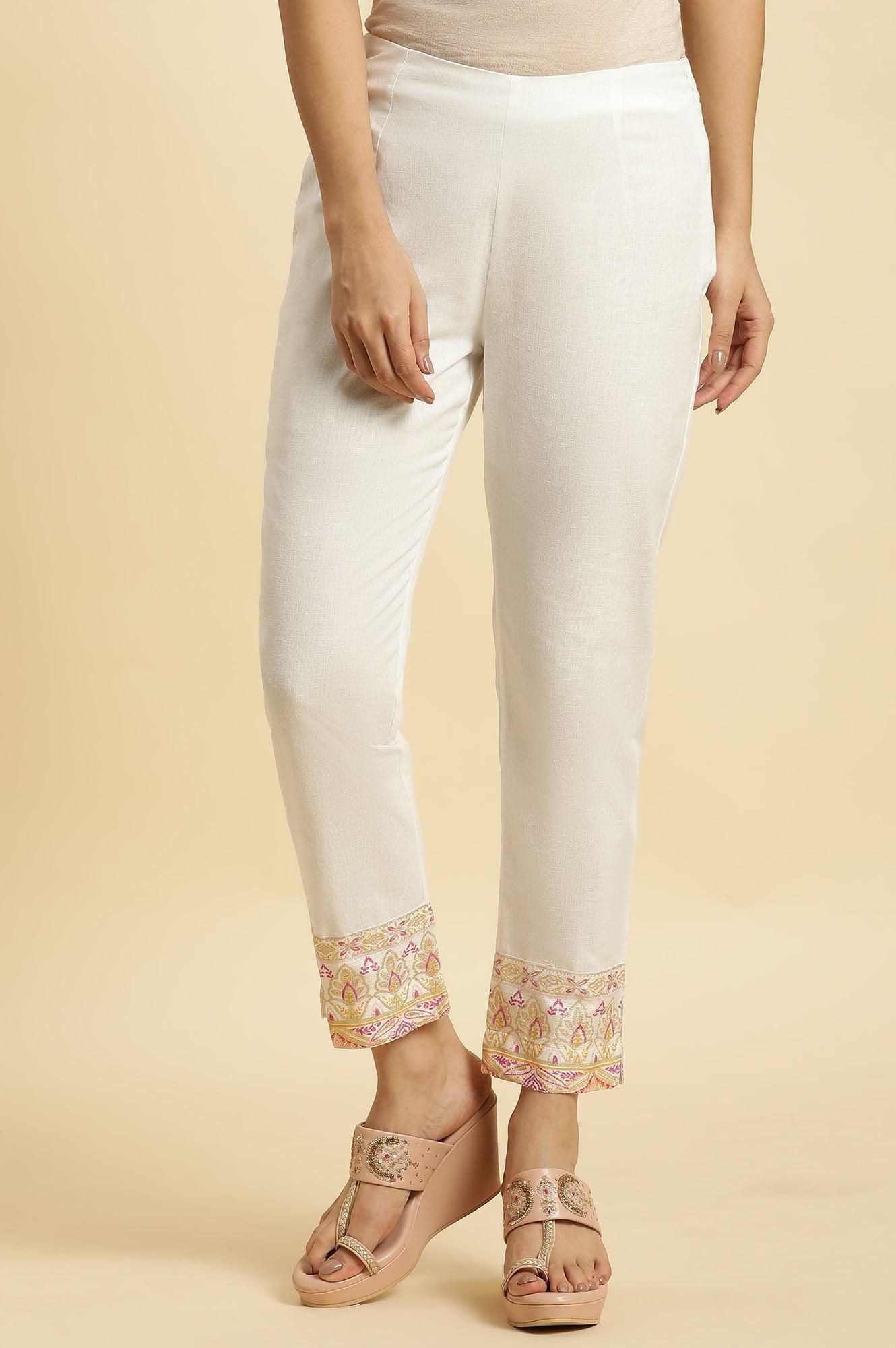 Ecru Solid Slim Pants With Printed Kota Border - wforwoman