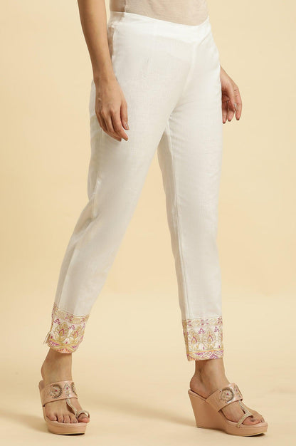 Ecru Solid Slim Pants With Printed Kota Border - wforwoman