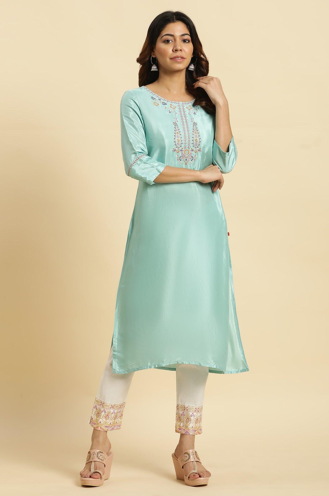 Ecru Solid Slim Pants With Printed Kota Border - wforwoman