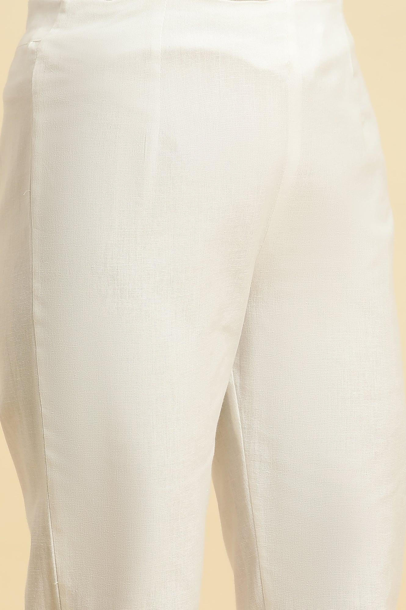 Ecru Solid Slim Pants With Printed Kota Border - wforwoman